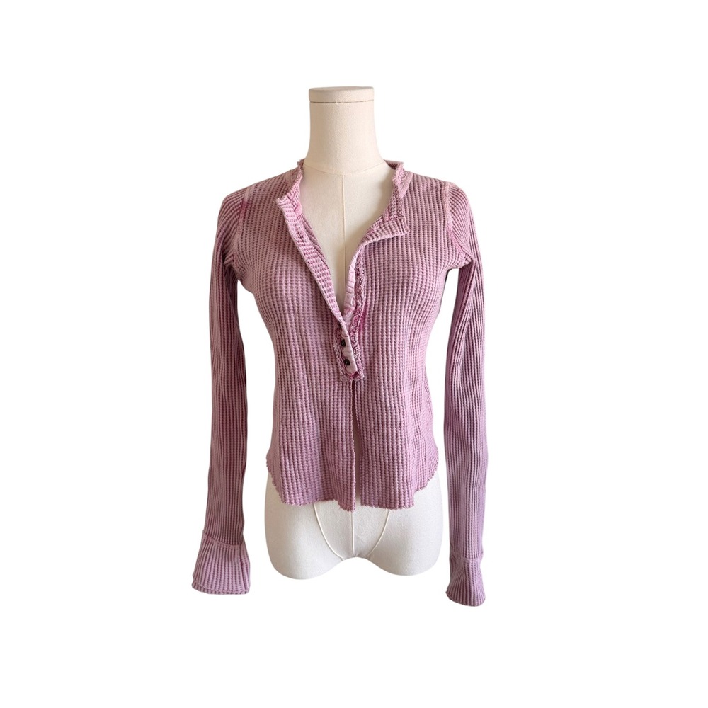 Free People One Pink Waffle Knit Henley Top Long Sleeve XS